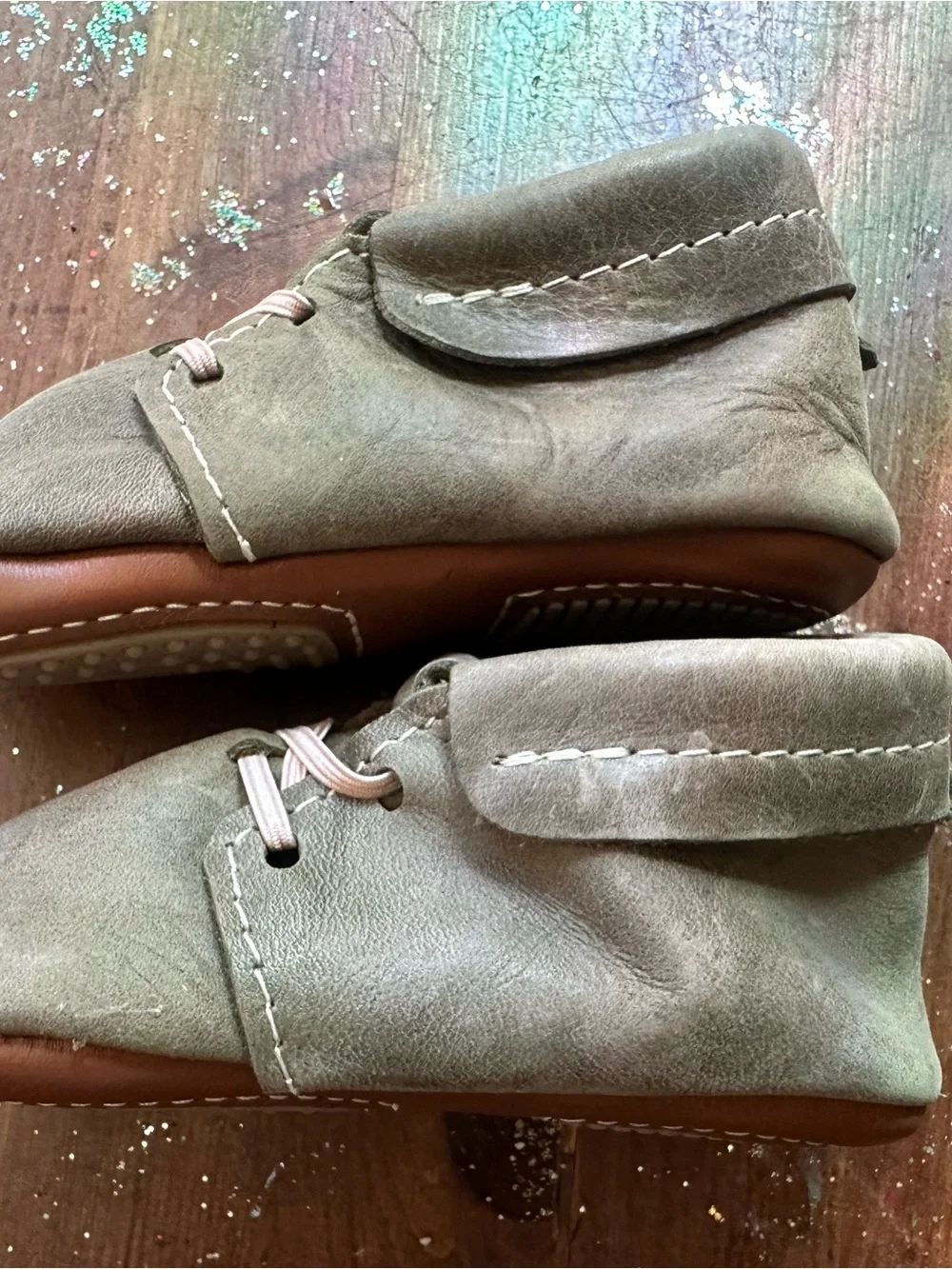 Freshly Picked Olive Green Leather Baby Moccasins with Tan Laces